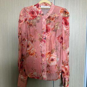 Zimmermann Floral Silk Linen Blouse Set Pink Long Sleeve Top Size 2